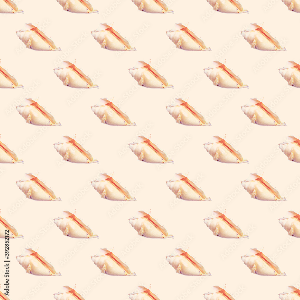 Pale seashell seamless repeat symmetrical pattern on light beige background. Pale seashell seamless repeat symmetrical pattern on light beige background.