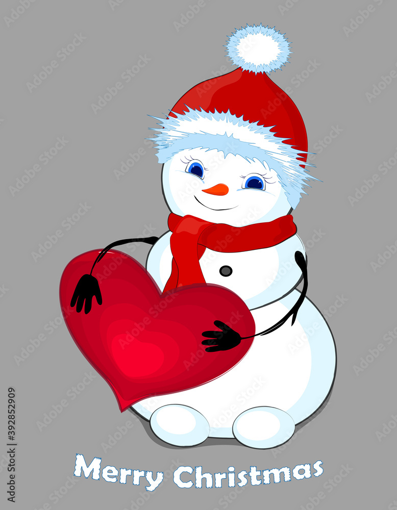 Snowman and heart. Gray background. merry Christmas. illustration