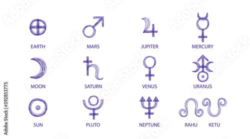 Solar planet signs hand drawn with blue pen. Vector astrological planetary symbols set. Sun earth moon mars saturn venus jupiter rahu ketu photo