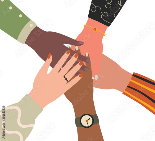 Diverse people putting palms of hands together. Concept of team, partnership, friendship. Diversity in business, cooperation between coworkers, teamwork. Join our team. Flat vector illustration