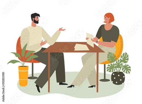 Job interview, recruitment, hr concept. Man and woman at the meeting in the office. Female boss talking to an employee. Recruiter having a conversation with a candidate. Flat vector illustration