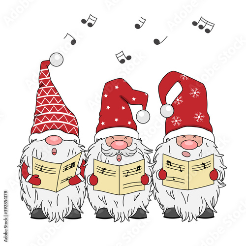 Christmas card. Three gnomes singing. Isolated vector