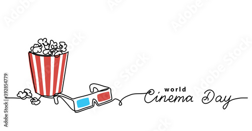Cinema day vector illustration with popcorn bucket and 3d glasses. One line drawing art illustration with lettering world cinema day.