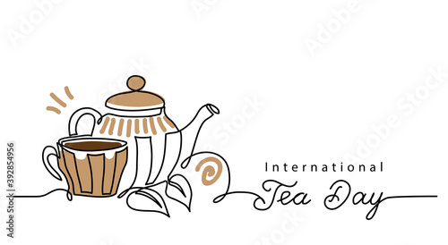 Tea day vector background with teacup and kettle. One line drawing art illustration,border, banner with lettering international tea day.