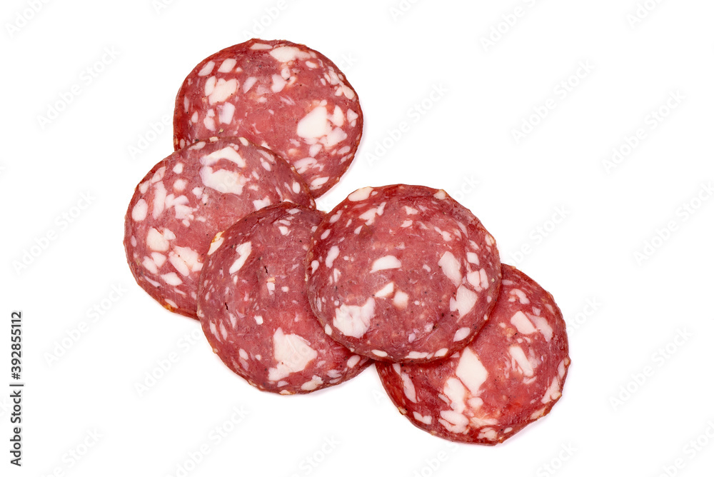 Sliced Milano salami, isolated on white background Sliced Milano salami, isolated on white background