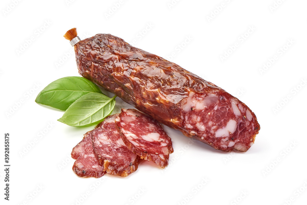 Italian sausage. Tasty dried sausage, isolated on white background Italian sausage. Tasty dried sausage, isolated on white background