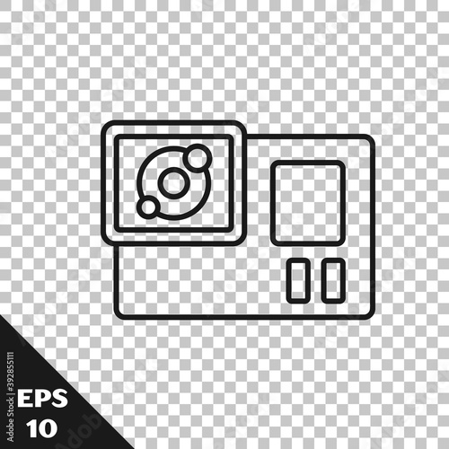 Black line Action extreme camera icon isolated on transparent background. Video camera equipment for filming extreme sports. Vector.