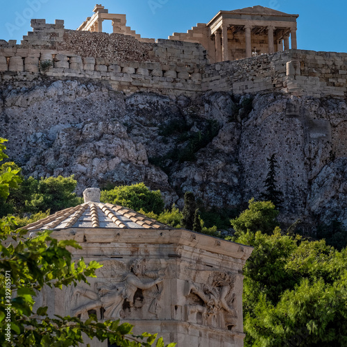 Athens Greece, the wind tower and Erechtheum ancient temple on Acropolis hill photo