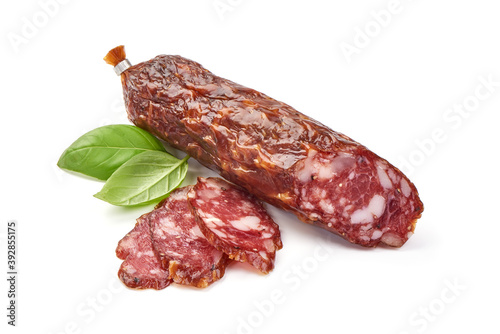 Italian sausage. Tasty dried sausage, isolated on white background