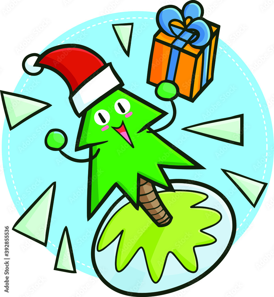 Cute and funny pine tree laughing happily and holding christmas gift box Cute and funny pine tree laughing happily and holding christmas gift box