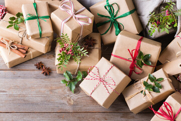 Creative zero waste Christmas concept, handmade gift boxes