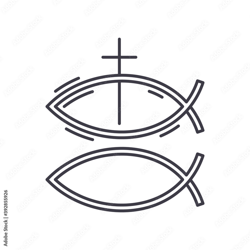 Christian fish icon, linear isolated illustration, thin line vector, web design sign, outline concept symbol with editable stroke on white background. Christian fish icon, linear isolated illustration, thin line vector, web design sign, outline concept symbol with editable stroke on white background.