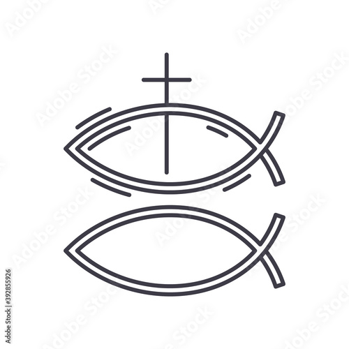 Christian fish icon, linear isolated illustration, thin line vector, web design sign, outline concept symbol with editable stroke on white background.