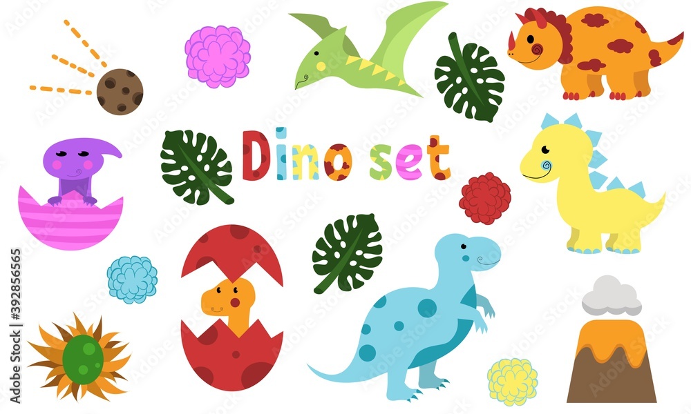 Dinosaurs vector cute set illustration, design elements for kindergarten, kid, child, of including Stegosaurus, Brontosaurus, Velociraptor, Triceratops, Tyrannosaurus rex, Spinosaurus, and Pterosaurs.