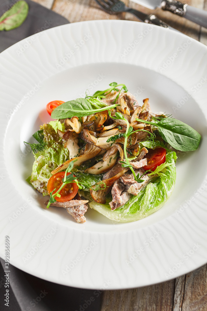 Oyster mushrooms and meat salad plate