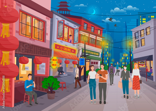 People walking at streets in chinese city. Walk in the chinese street with showcase trade shops. Buildings with lanterns ornaments on street in China town, fast food restaurants and gift shops