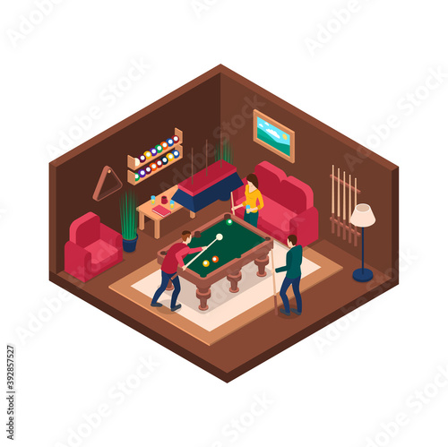 Characters People and Billiard Room Interior with Furniture Isometric View. Vector