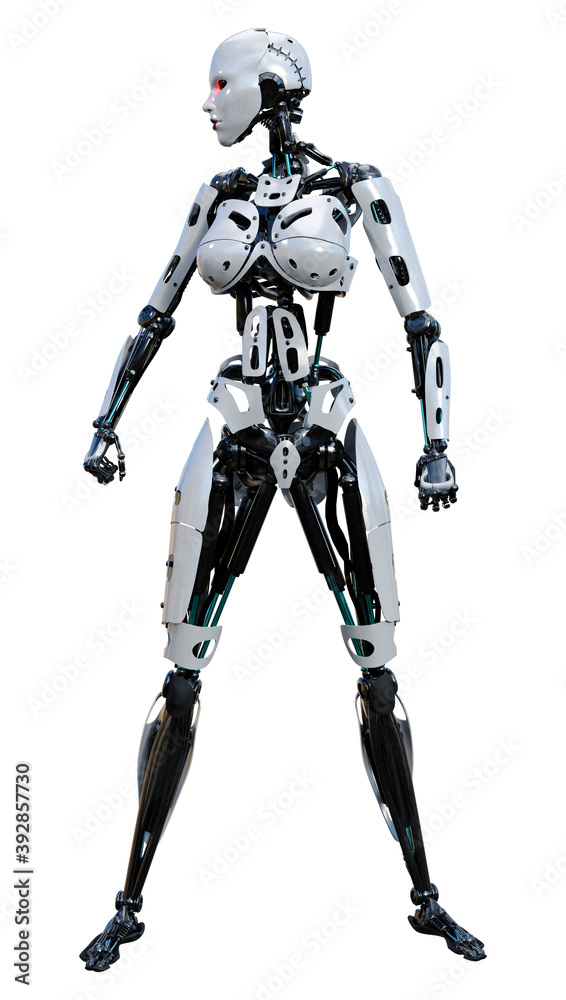 3D Rendering Female Robot on White