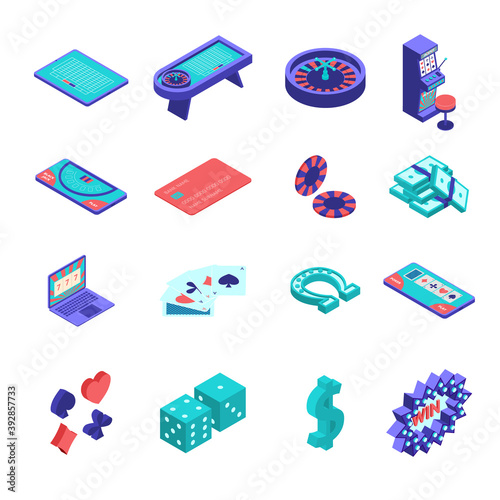 Color Online Casino Gambling Icons Set 3d Isometric View. Vector