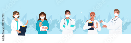 Set of male and female doctors and nurses. Medical staff in masks and uniforms. Vector illustration in flat style