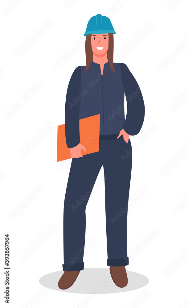 Beautiful woman builder in uniform engineer in helmet with documents isolated on white background flat vector. Young modern girl in the male profession, architect or foreman, construction worker Beautiful woman builder in uniform engineer in helmet with documents isolated on white background flat vector. Young modern girl in the male profession, architect or foreman, construction worker