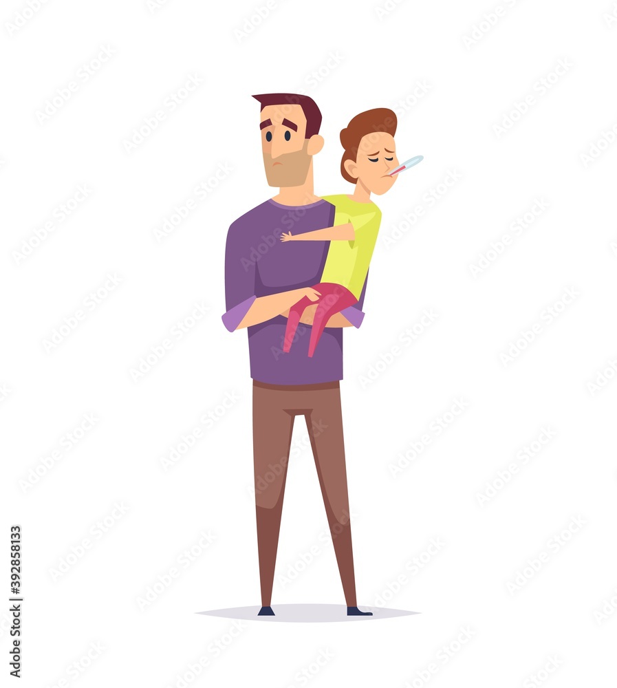 Dad and son. Puzzled father, ill boy with thermometer. Temperature measurement, flu or colds or virus infection. Isolated single man holding child vector illustration. Child sick, son with father