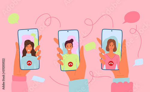 Cartoon Color Characters People and Smartphones with Video Calls Concept. Vector