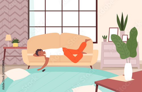 People lying on sofa. Lazy person relax in living room sleeping and watching tv apathy and messy vector character. Illustration person on sofa lying vector