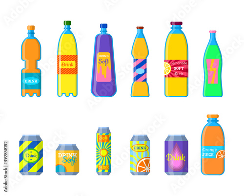 Cartoon Color Different Soft Drinks Bottles Icons Set. Vector