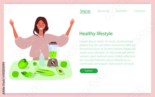 Landing page template with a woman standing near a table with vegetables and a blender and showing how to make a detox smoothie. Detoxification of the body, a healthy lifestyle, diet. 