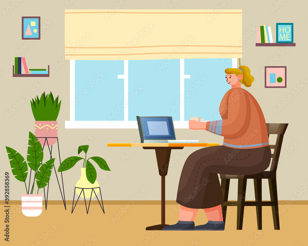 Fototapeta premium Cute young woman sitting on comfy chair with laptop computer in cozy room with potted plants. Funny adorable girl working at home drinking coffee. Daily life of freelance worker, everyday routine