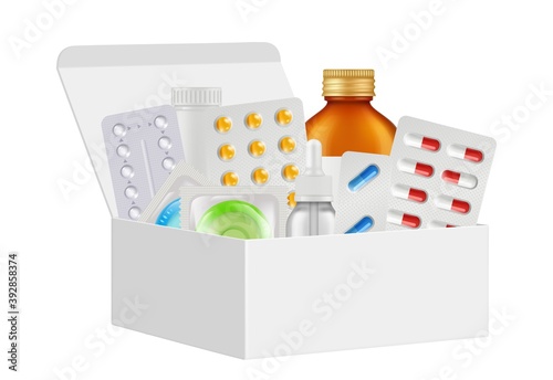 Medications kit. First aid box, realistic pills, bottles condoms. Isolated 3d white cardboard packing with drugs vector illustration. Medical aid box kit, medicine emergency equipment