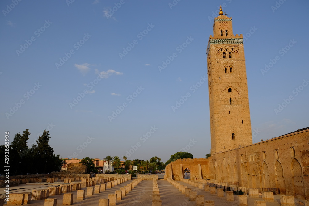 Morocco Marrakesh - Koutoubia Mosque panoramic view at sunset