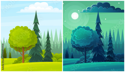 Day and night countryside landscape illustration with moon, grass on the hills, clear sky, rare clouds, pine forest on the horizon. Tall trees and bushes in the foreground, beautiful summer scenery