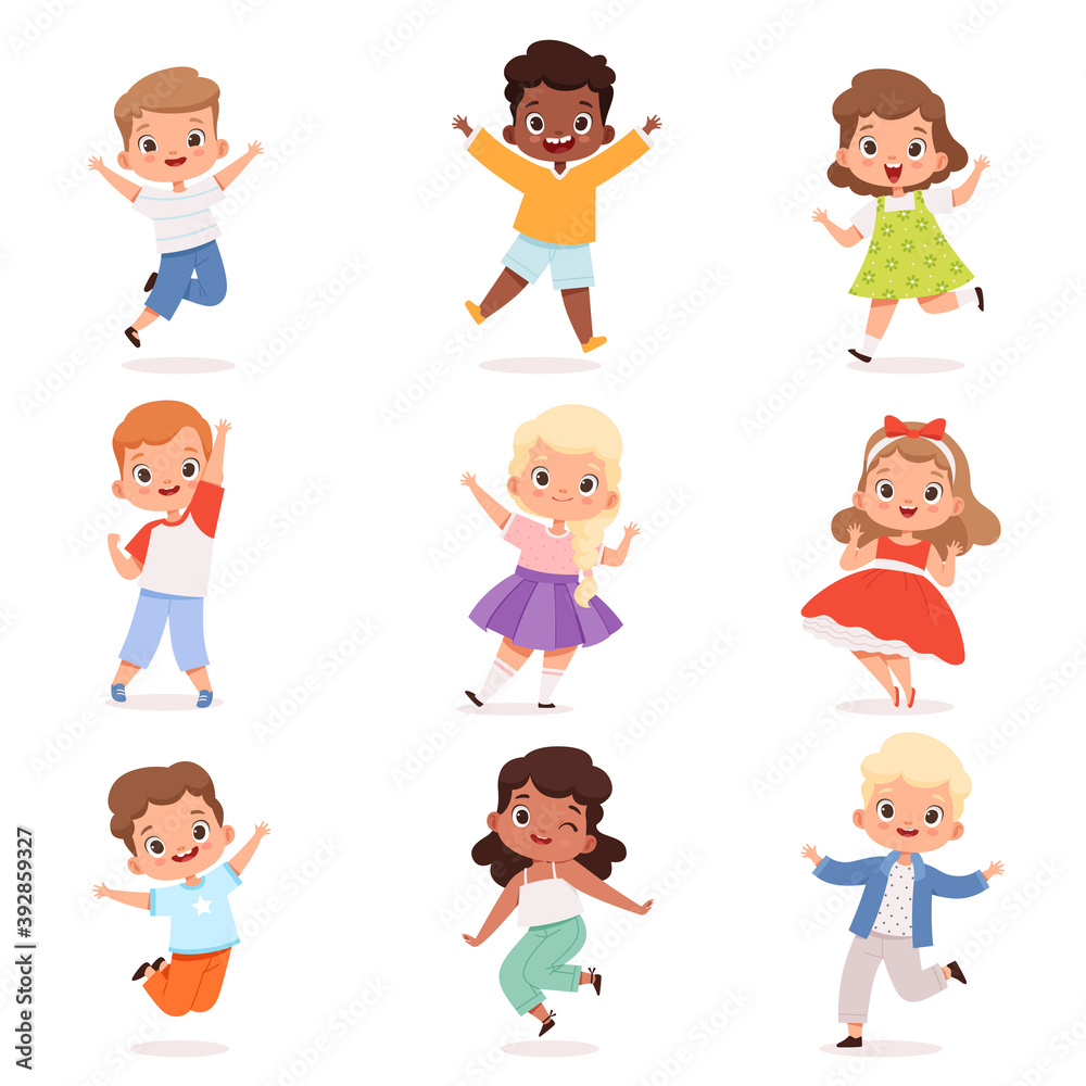 Happy childrens. Cute playing kids in action poses vector boys and girls. Illustration childhood character, child group jump Happy childrens. Cute playing kids in action poses vector boys and girls. Illustration childhood character, child group jump