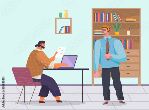 Business meeting, working process. Man manager consulting, talking to boss about statistics in the sales report. Businessman chief sitiing at a table typing laptop, holding paper document in hand