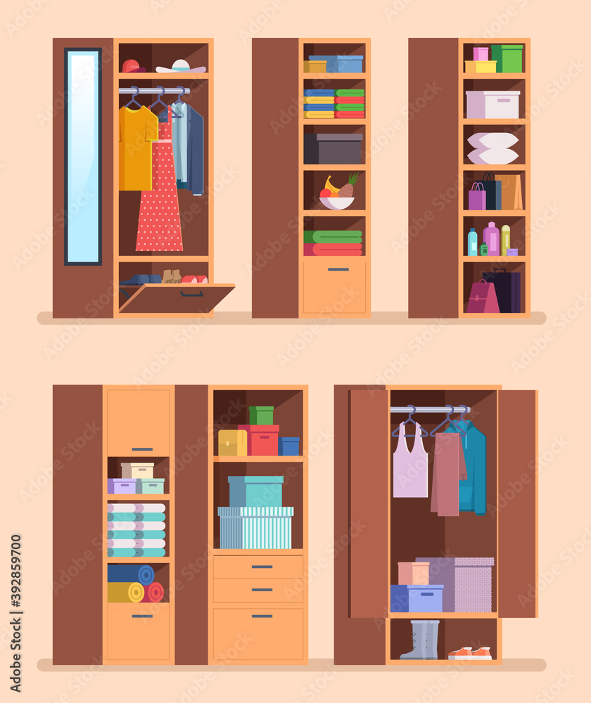 Organized wardrobe. Shelves with clothes interior furniture for jackets pants and shoes vector cartoon set. Wardrobe clothing, shelf in furniture illustration