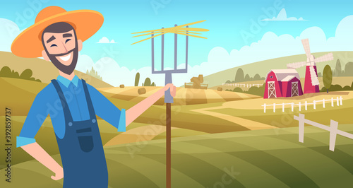 Farmers at field. Harvesting gardeners working at farm agricultural vector cartoon background. Illustration farm agriculture, man farmer gardening with pitchfork