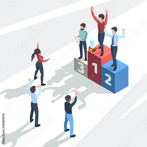 Successful business winners. Award team business company managers professional happy confident persons employees vector isometric concept. Illustration teamwork company with prize, reward winner