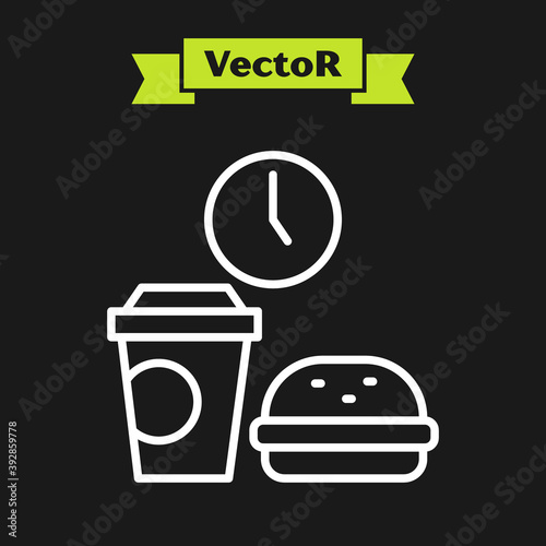 White line Fast food time icon isolated on black background. Vector.