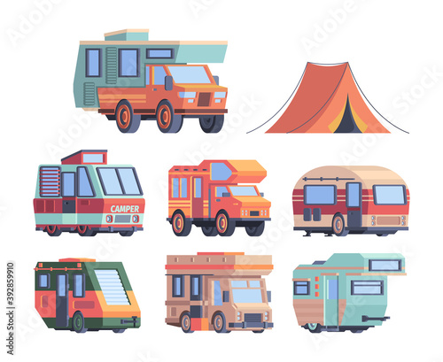 Camping car. Caravaners road trip explorer transport vector truck collection. Illustration camping explorer, truck camp for expedition and tourism © ONYXprj