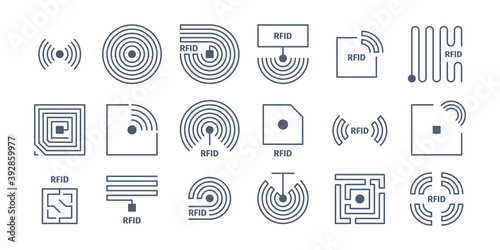 Rfid icons. Radio tagging chips identification wireless semiconductors shopping frequency vector symbols. Identification frequency, chip electronic innovation illustration photo