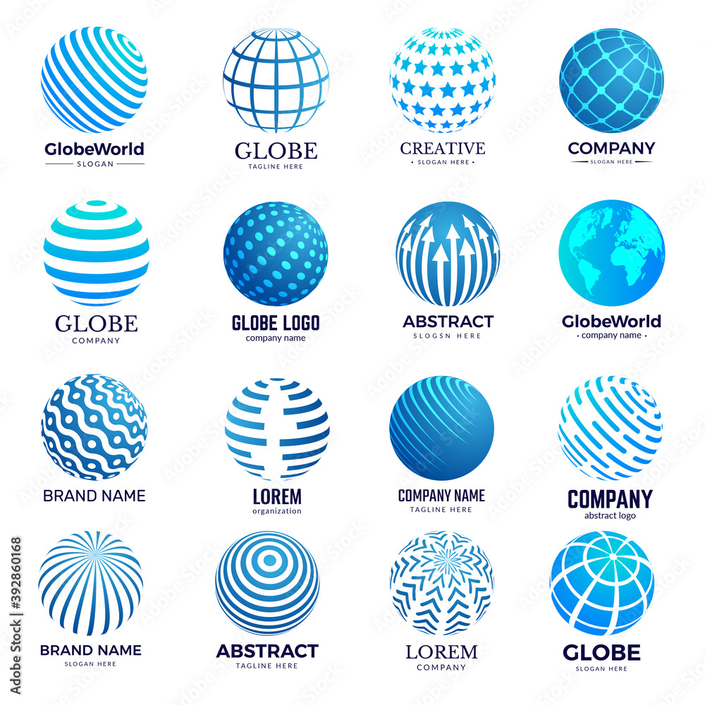 Globe symbols. Circle forms world round shapes identity stylized icon for logo design. Illustration globe shape, network technology, worldwide wireframe vector
