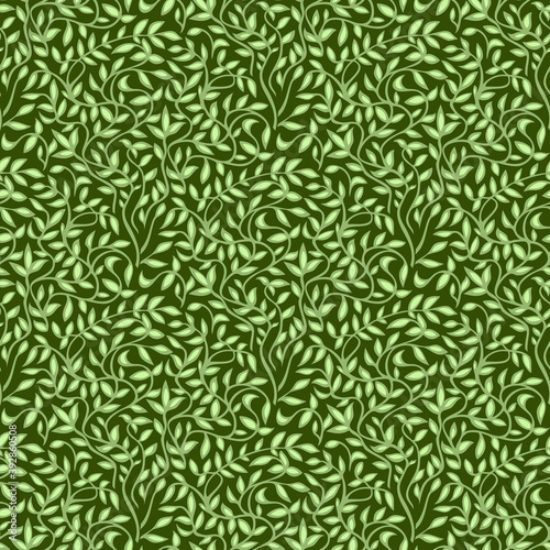 Green foliage silhouettes at dark seamless pattern.