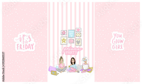 Pajama party stories template for social media, networks. Vector illustration with beautiful young women, girls, teenagers.