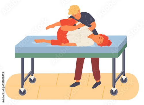 Pregnancy preparing, wife and husband make a position training on a medical sofa. Exercising for pregnant woman, giving birth position or pose. Female character waiting for childbirth with caring man