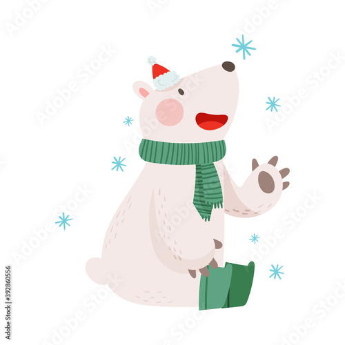 Polar Bear as Christmas Character in Hat and Knitted Scarf Enjoying Snowflakes Falling Vector Illustration