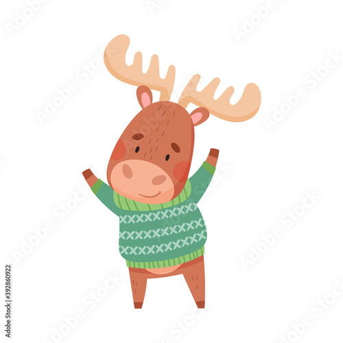 Elk as Christmas Character with Horns in Warm Knitted Sweater Waving Hoof Vector Illustration
