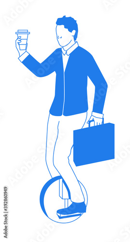 Businessman with coffee riding unicycle isolated on white