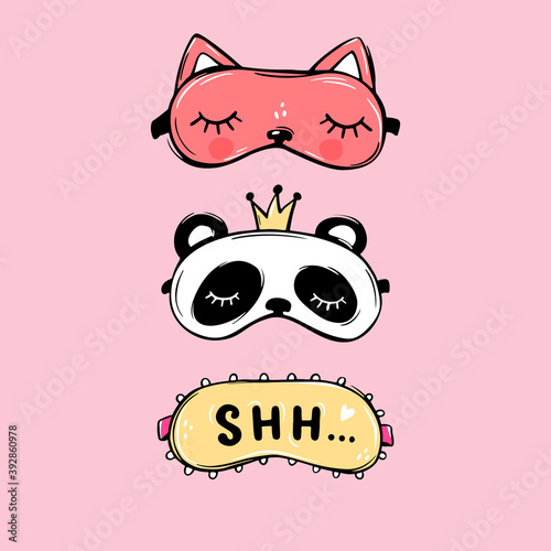 Vector Sleep masks collection. Blindfold classic and animal shaped Panda with crown, red cat. Cute eyemasks